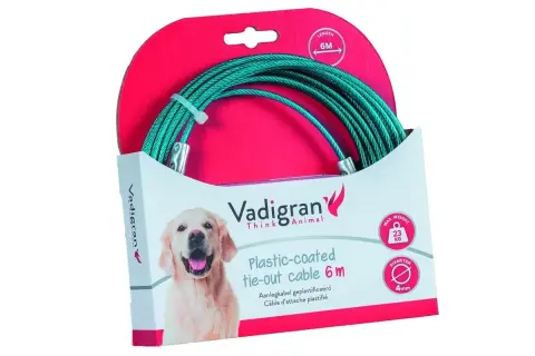 Câbles et piquets d'attache pour chiens : un câble de 6m, plastifié, pour attacher votre chien en toute sécurité. Supporte jusqu'à 23kg.