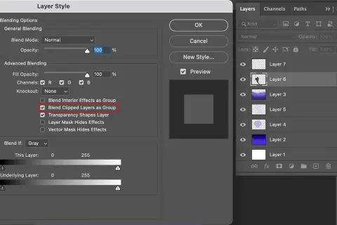 Finestra "Stile Livello" Photoshop con opzione "Unisci livelli ritagliati come gruppo" selezionata, per un controllo avanzato della maschera di livello.