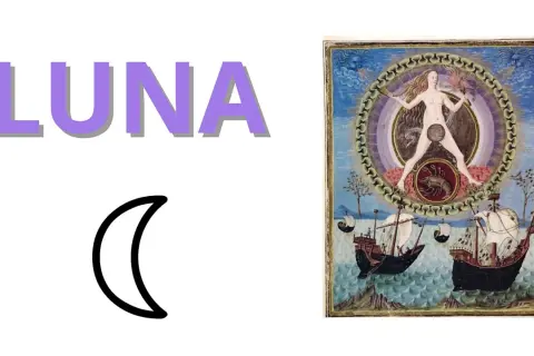 La parola "LUNA" e un simbolo di luna crescente. A destra, un'illustrazione medievale con una figura femminile al centro, circondata da simboli astrologici e navi in mare. Il **luna crescente significato** è legato alla crescita e all'inizio.