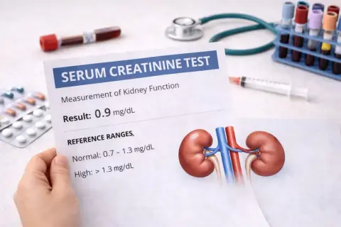 Wynik badania kreatyniny 0.9 mg/dL, wskazujący na prawidłową funkcję nerek. Obok wyniki badań, próbki krwi, stetoskop i tabletki.