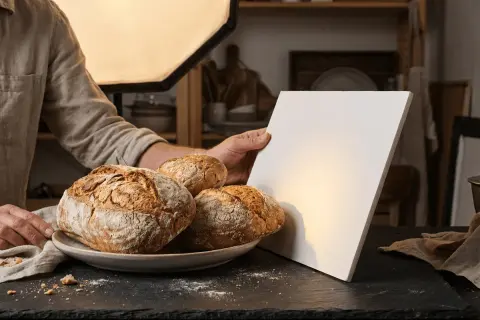 Une photo culinaire met en scène des pains artisanaux sur une assiette, éclairés par une douce lumière. Un réflecteur blanc est tenu pour parfaire la mise en scène.