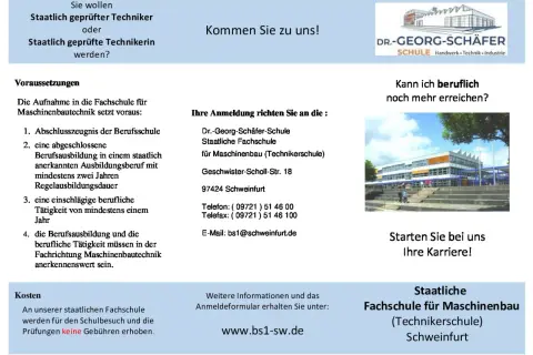 Staatlich geprüfter Techniker: Die Regelausbildungsdauer für die Aufnahme an der Fachschule für Maschinenbautechnik beträgt mindestens zwei Jahre.
