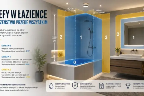Ilustracja pokazuje strefy bezpieczeństwa w łazience, wyjaśniając jakie IP do łazienki jest wymagane w zależności od strefy (0, 1, 2).