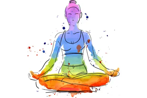 Silueta acuarela de persona meditando en posición de loto, con colores vibrantes que sugieren chakras alineados.