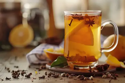 Aromatyczna herbata z goździkami i cytryną, rozgrzewająca w chłodny dzień. Na stole leżą pomarańcze i przyprawy.