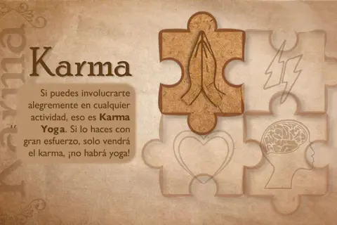 Piezas de rompecabezas con símbolos: manos rezando, rayo, corazón y cerebro. El texto explica que la alegría en la actividad es Karma Yoga.