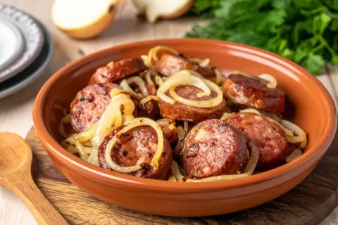 Pyszna kiełbasa z airfryer, podana z duszonymi cebulkami w glinianej misce. Idealna na szybki obiad.