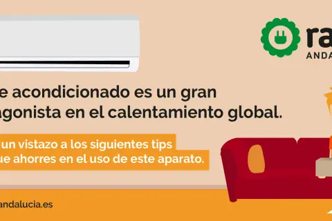 Un aire acondicionado blanco sobre fondo beige. Texto: "El aire acondicionado es un gran protagonista en el calentamiento global. Échale un vistazo a los siguientes tips para que ahorres en el uso de este aparato." Un chico sonriente con una caja. Logo...