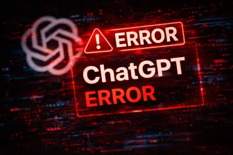 Czerwony komunikat "ERROR ChatGPT ERROR" na tle cyfrowego szumu. Wygląda na to, że chat gpt nie działa.