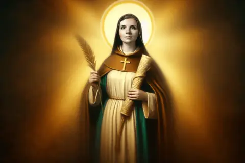 Św. Antonina z gałązką i zwojem, otoczona złotym blaskiem.