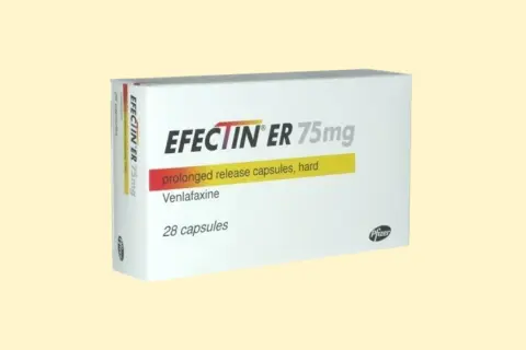 Opakowanie leku Efectin ER 75mg, zawierającego wenlafaksynę, w ilości 28 kapsułek o przedłużonym uwalnianiu.