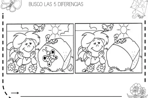 Juego de **fichas primavera** para encontrar 5 diferencias entre dos dibujos de un niño, un pájaro, una serpiente y una mariposa.