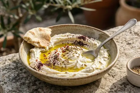 Un bol de houmous crémeux, garni d'huile d'olive, de sumac et de graines de cumin, avec un morceau de pain pita.