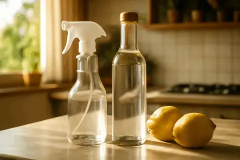 Spray bottle, bottiglia di aceto bianco e limoni su un tavolo.