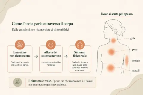 Il corpo manifesta l'ansia con sintomi fisici reali, come nodo allo stomaco o tensione muscolare, che possono essere interpretati come parestesie da stress.