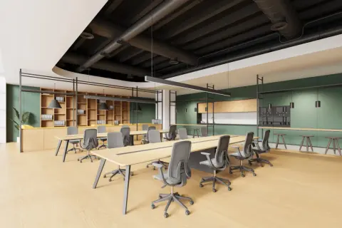 Un moderno **progetto mensa aziendale** con tavoli lunghi, sedie ergonomiche e un'area cucina attrezzata.