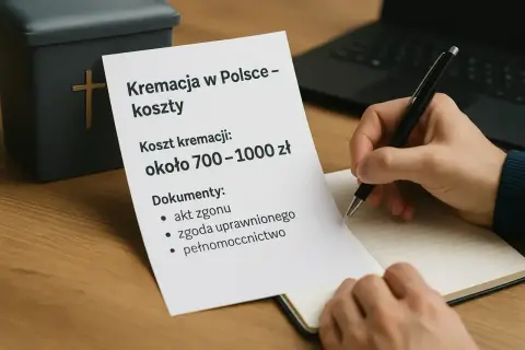 Urzędnik notuje koszty kremacji w Polsce, szacowane na 700-1000 zł, obok urny i dokumentów.