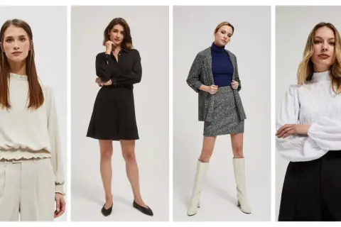 Eleganckie stylizacje dla kobiet. Kremowy komplet, czarna sukienka, tweedowy zestaw i biała bluzka z czarnymi spodniami – idealne na biznesowy dress code.