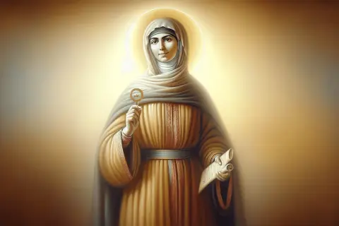 Święta Julia w złotej szacie z aureolą, trzymająca klucz i zwój.