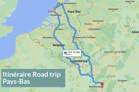 Carte d'un road trip incontournable aux Pays-Bas, traversant la Belgique et le Luxembourg, avec un itinéraire de 1364 km.