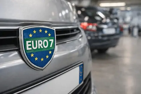 Emblemat EURO 7 na grillu samochodu, symbolizujący nowe, czystsze normy emisji spalin.