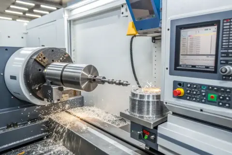 Precyzyjne szlifowanie płaszczyzn metalowego wałka na nowoczesnej maszynie CNC. Wióry metalu wirują wokół obrabianego elementu.