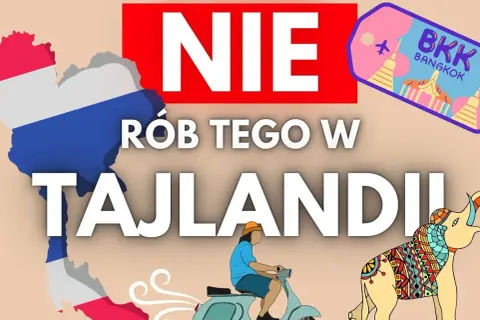 Mapa Tajlandii, napis "NIE RÓB TEGO W TAJLANDII", słonie i skuter. Poznaj zasady, czego nie wolno w Tajlandii, by uniknąć kłopotów.