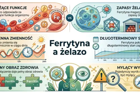 Ferrytyna co to? Wykresy pokazują funkcje żelaza, jego dzienne wahania, zapasy magazynowane przez ferrytynę i długoterminowy stan.