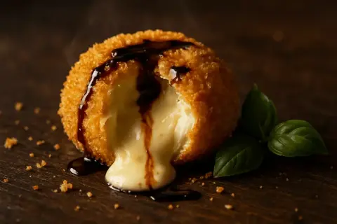 Burrata panée dégoulinant de fromage fondant, nappée de sauce et garnie de basilic frais sur fond de bois sombre.