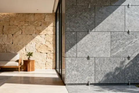 Un sofá beige junto a una pared de piedra dorada y una pared moderna de **mármol material** gris con sombras marcadas.