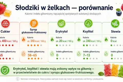 Porównanie słodzików w żelkach: czy żelki są zdrowe? Erytrytol, ksylitol i stewia mają niski indeks glikemiczny, w przeciwieństwie do cukru.