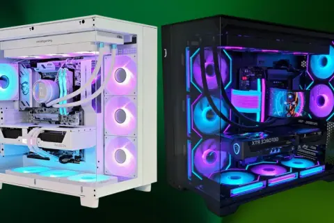 Zwei beleuchtete Gaming-PCs, einer weiß mit RGB-Lüftern und einer Radeon-Grafikkarte, der andere schwarz mit Neon-Akzenten und einer PCIe 5.0 GPU.