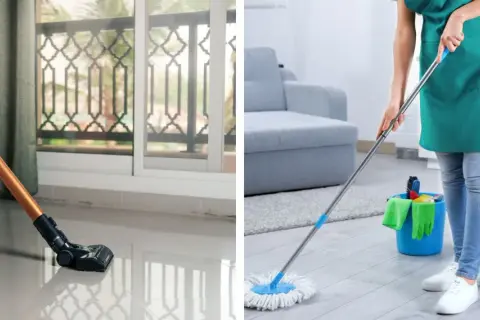 Aspirateur sur un carrelage rugueux, puis une personne lavant le sol avec une serpillère.