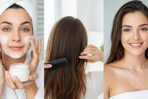 Rutina de cuidado: mujer aplica crema en rostro, peina su cabello y sonríe con un toque de dexpantenol que es un humectante.