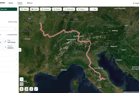 Planowanie trasy rowerowej przez Europę, od Francji przez Szwajcarię po Włochy. Długość 2024 km, czas 127h.