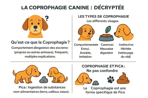 Illustration expliquant la coprophagie canine. Un chien mange ses crottes, un comportement aux multiples causes.