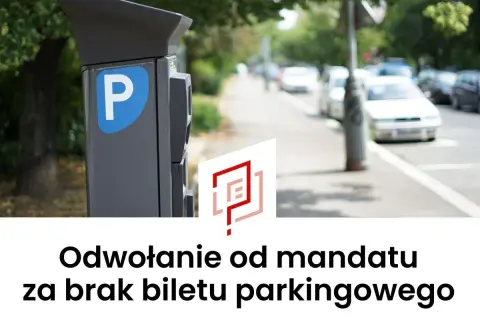 Parkomat z literą "P" i tekst "Odwołanie od mandatu za brak biletu parkingowego".