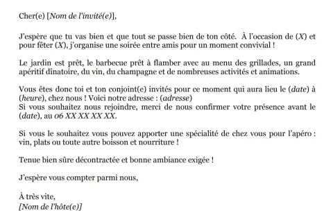 Invitation à un barbecue convivial pour fêter (X). Le jardin est prêt, le menu est alléchant. Merci de confirmer votre présence pour cet événement.