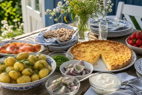 En härlig midsommar buffé med sill, lax, färskpotatis, paj, jordgubbar och knäckebröd dukas upp utomhus.