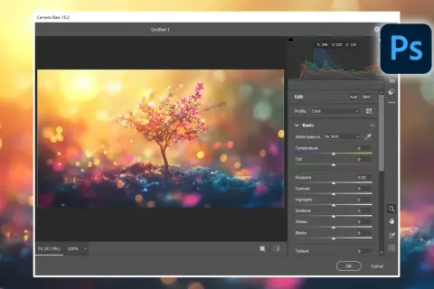 Interface de Camera Raw dans Photoshop, montrant comment ouvrir Camera Raw dans Photoshop pour éditer une image féerique.