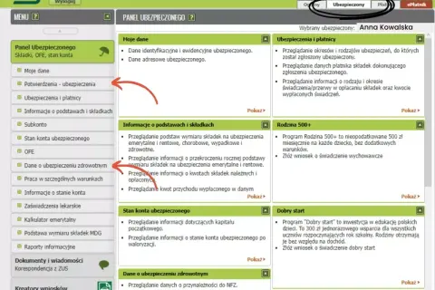 Panel Ubezpieczonego ZUS Anny Kowalskiej, zakładka "Ubezpieczony" pokazuje dane o składkach, świadczeniach i programach jak Rodzina 500+.