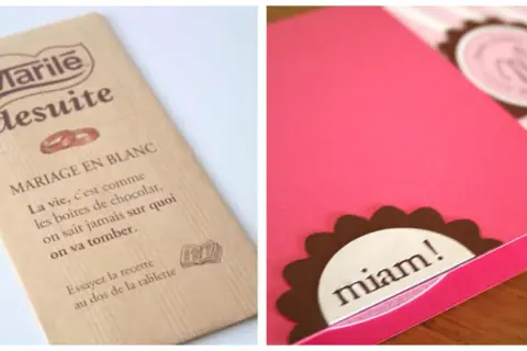 Tablette de chocolat "Mariage en blanc" et carte rose avec "miam!".