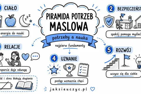 Piramida potrzeb Maslowa: ciało, bezpieczeństwo, relacje, uznanie i rozwój to fundamenty nauki.