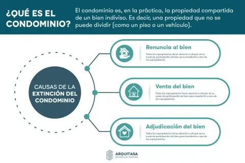 Causas de la extinción del condominio: renuncia, venta o adjudicación del bien.