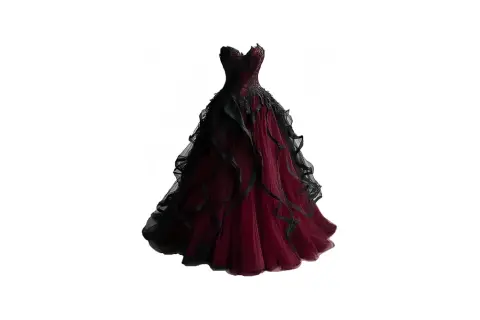 Ein atemberaubendes Ballkleid in Schwarz-Rot, das an ein Gothic-Brautkleid erinnert.