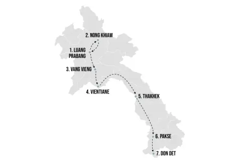 Karte mit einer vorgeschlagenen Laos Reiseroute: Luang Prabang, Nong Khiaw, Vang Vieng, Vientiane, Thakhek, Pakse, Don Det.
