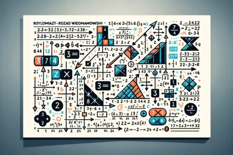 Rozkład wielomianu na czynniki, przedstawiony jako skomplikowany diagram matematyczny z liczbami, symbolami i strzałkami.