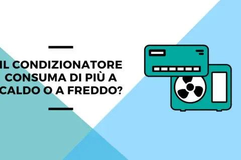 Il condizionatore consuma di più a caldo o a freddo? Icona di un condizionatore con ventola e testo che pone la domanda sul consumo energetico.