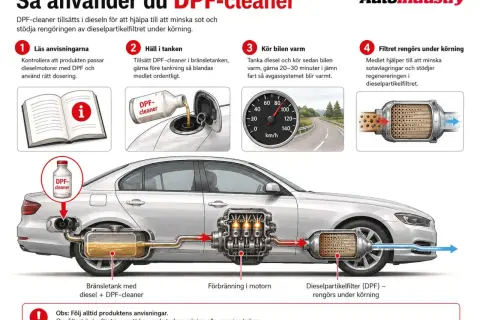 Illustration visar hur DPF-cleaner används för att minska sot och stödja regenerering av dieselpartikelfilter under körning.