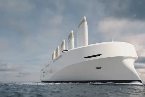 Nowoczesny transatlantyk Oceanbird z pięcioma białymi żaglami, płynący po wzburzonym morzu pod pochmurnym niebem.
